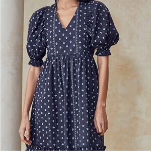 HUNTER BELL Blue and White Puff Sleeve Maxi Sundress